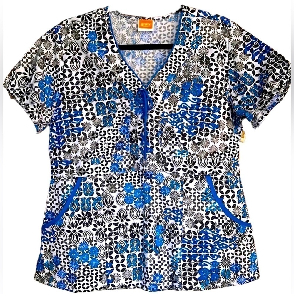 GRAFX Blue/Black/White Patchwork Lace-Up Babydoll Scrub Top, Size Medium,GUC.